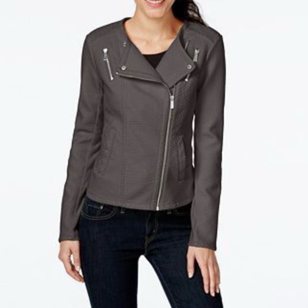 New Calvin Klein Gray Faux Leather Moto Jacket L Zip Up Stretch SEE DESCRIPTION